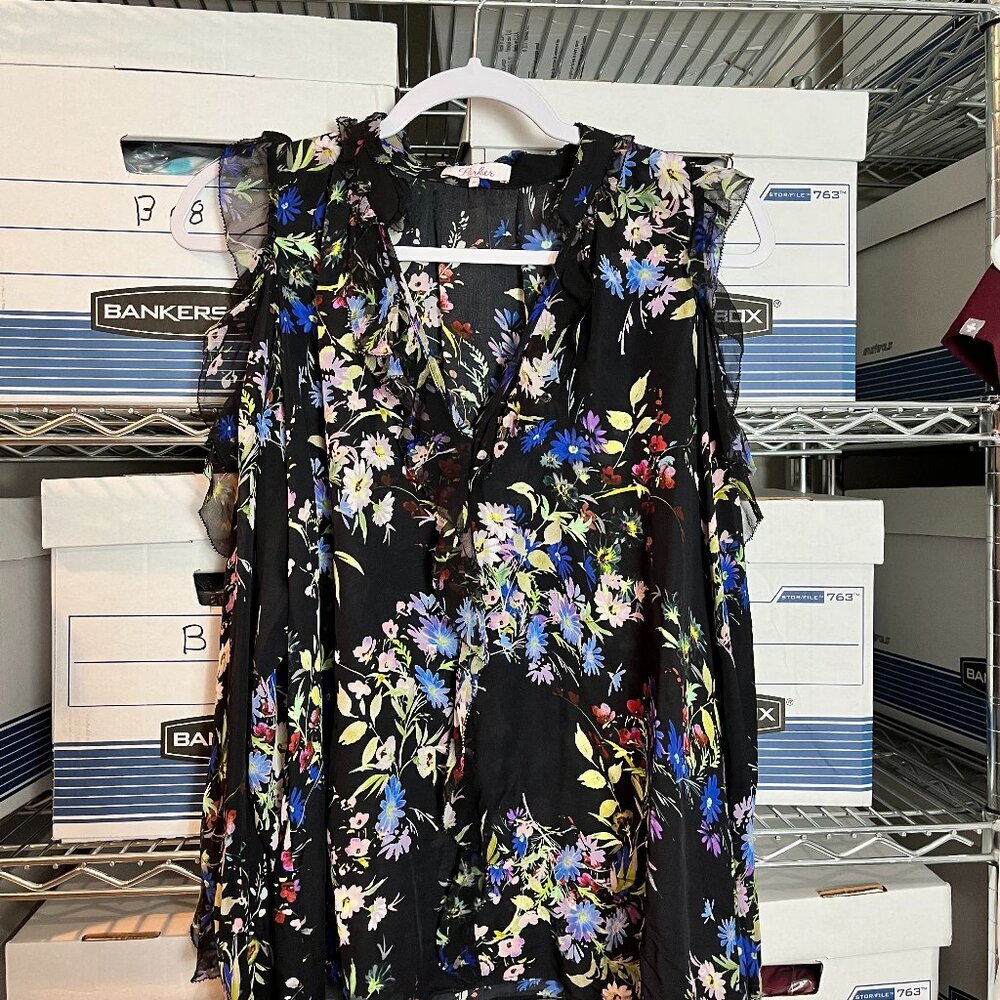 Women's Parker Black Floral Long sleeve cold shoulder Blouse, 100% silk, Size M